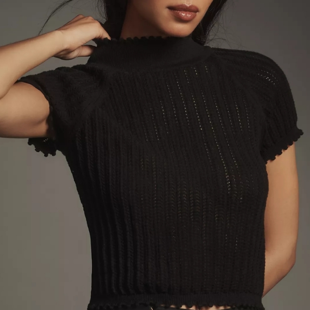 NWT By Anthropologie Mock-Neck Pointelle Ruffle-Trim Sweater Tee